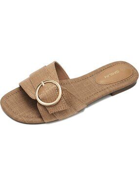 🆕Women's Brown Raffia Sandals Woven Slides Flat Summer Vacation Beach Shoes